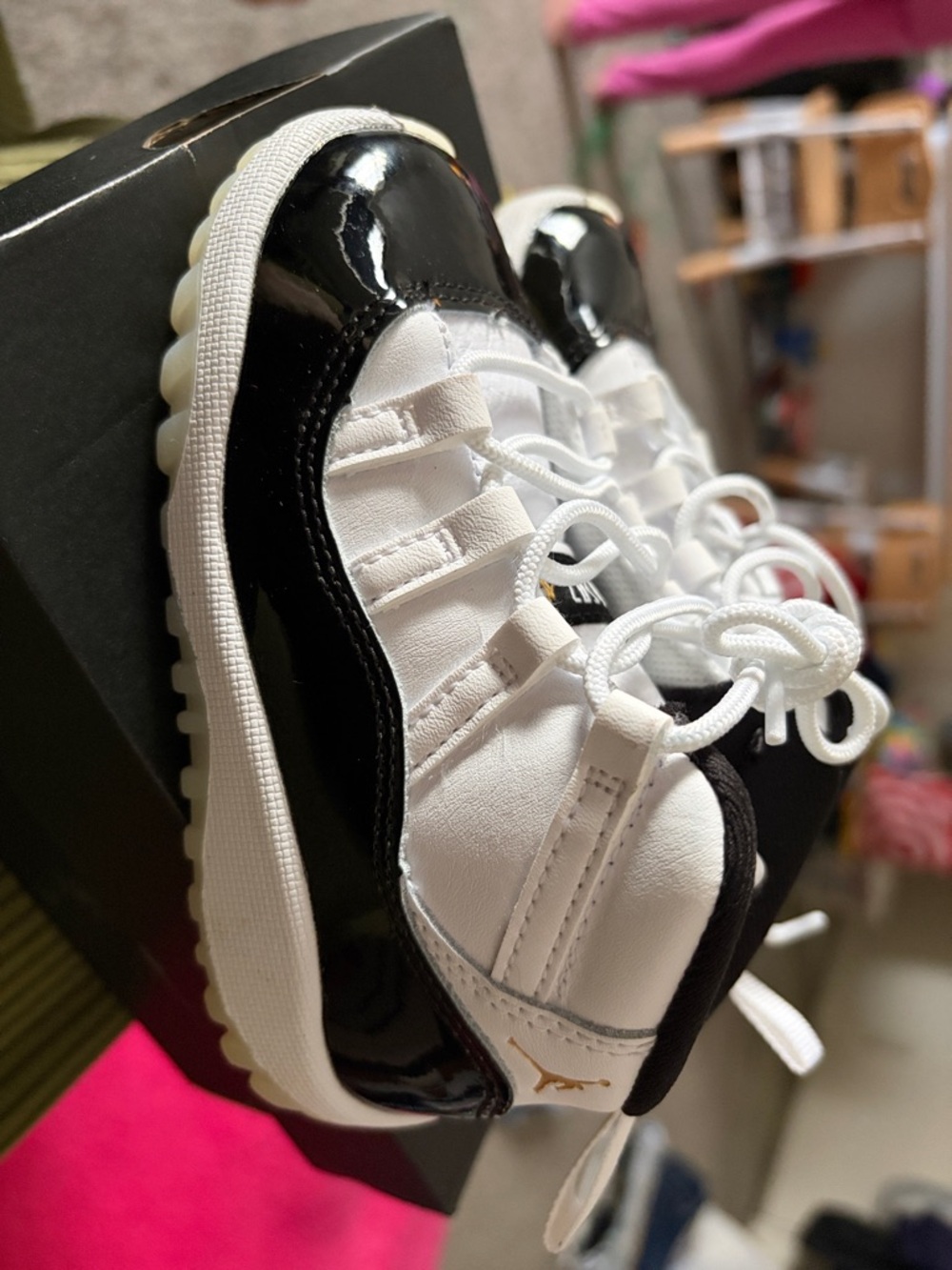 Jordan Kids' Sneakers in White, Black with Gold Jumpman - Picture 3 of 6